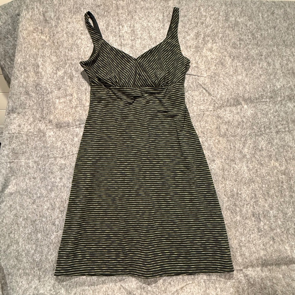 Prana Olive Green and Black Striped Sleeveless Dress